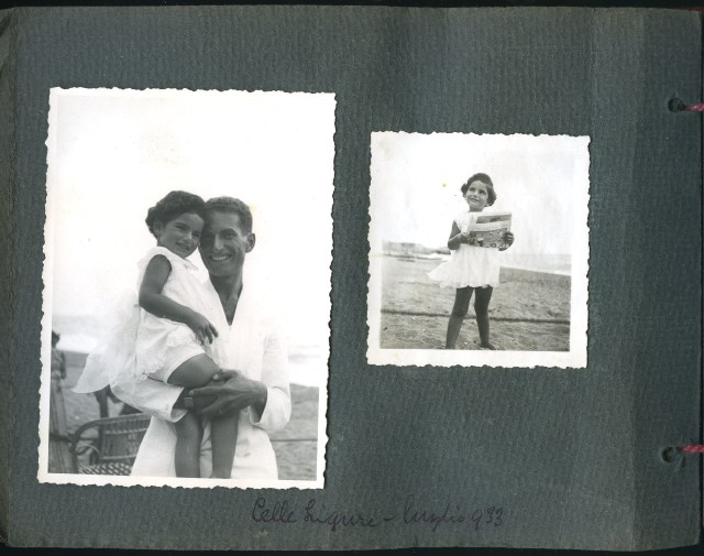 Autore non identificato, "Liliana Segre sulla spiaggia di Celle Ligure nel luglio 1933 in braccio al padre Alberto (foto a sinistra) e mentre legge un giornale illustrato (foto a destra)", (Fondo fotografico Segre Liliana, inv. 022-album01-036)